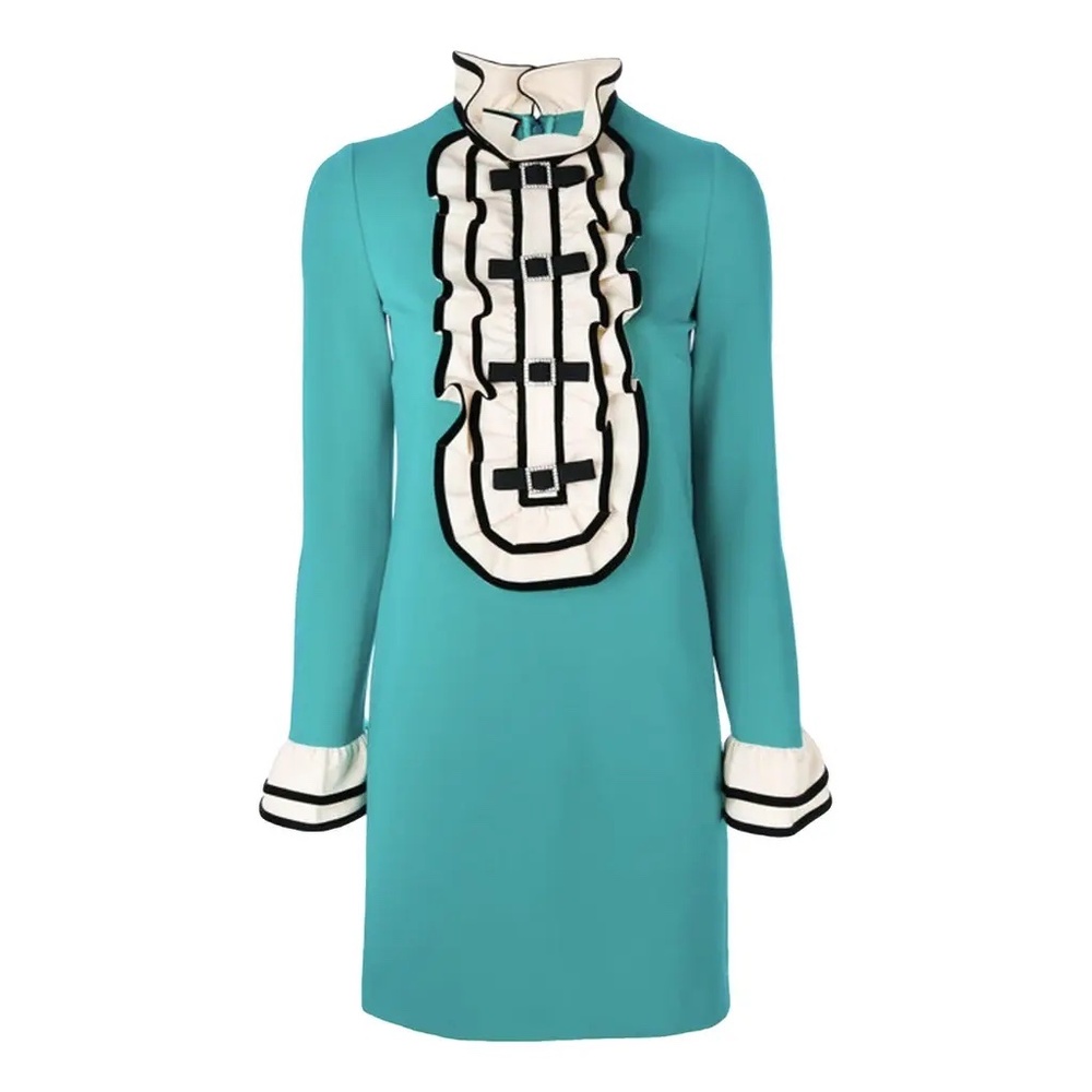 GUCCI Panther embroidered turquoise ruffled mini dress S